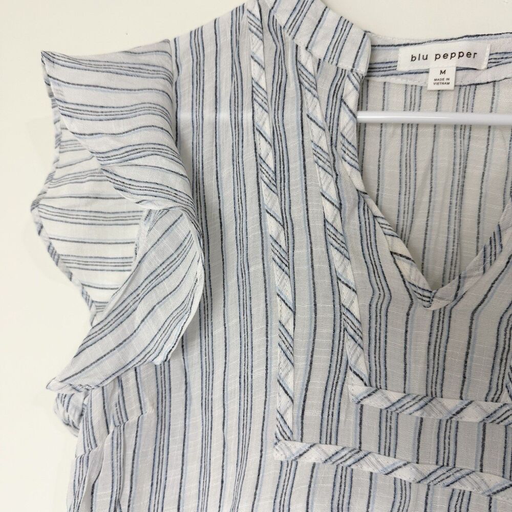 Blu Pepper Peasant Top Shirt White Blue Stripes Flutter Sleeve Tunic Women’s M - Picture 2 of 10